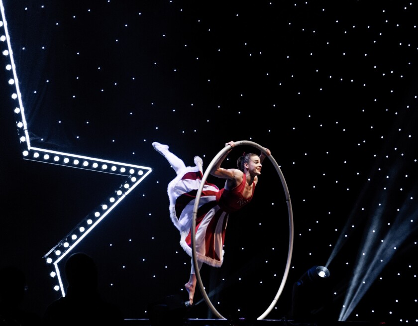 Wheel acrobat Rachel Salzman in A Magical Cirque Christmas, performed December 27 at the San Diego Civic Theater.