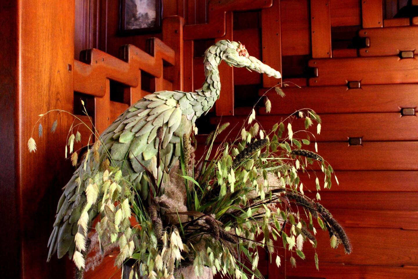 A crane perches in the lobby