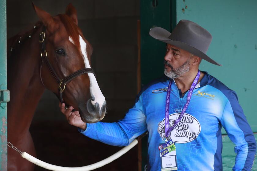 SAN DIEGO, CA - NOVEMBER 2: Trainer George Leonard III is at his first Breeders' Cup with California Angel, shown here at Del Mar on Tuesday, Nov. 2, 2021. California Angel will run in the Juvenile Fillies Turf on Friday. (K.C. Alfred / The San Diego Union-Tribune)