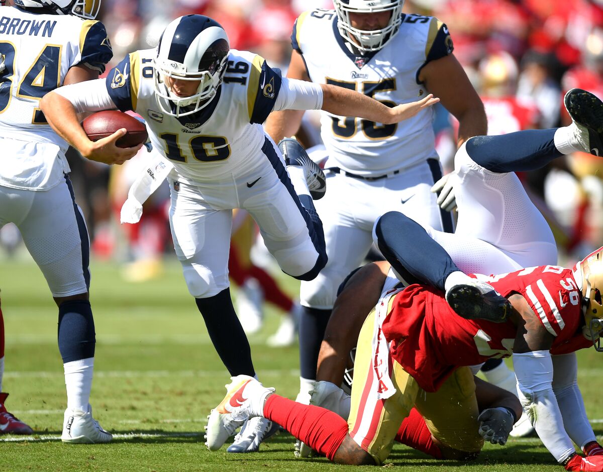 The 49ers defense kept Rams quarterback Jared Goff (16) off balance in their October game.