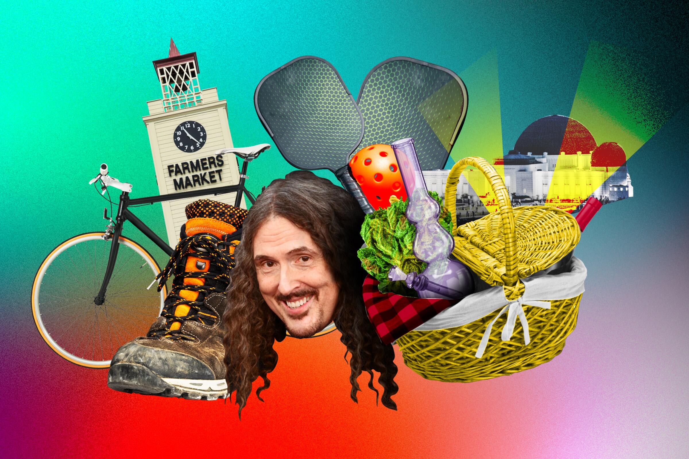 A collage illustration of a bike, hiking boot, man, pickleball items, picnic basket with a bong and Griffith Observatory.