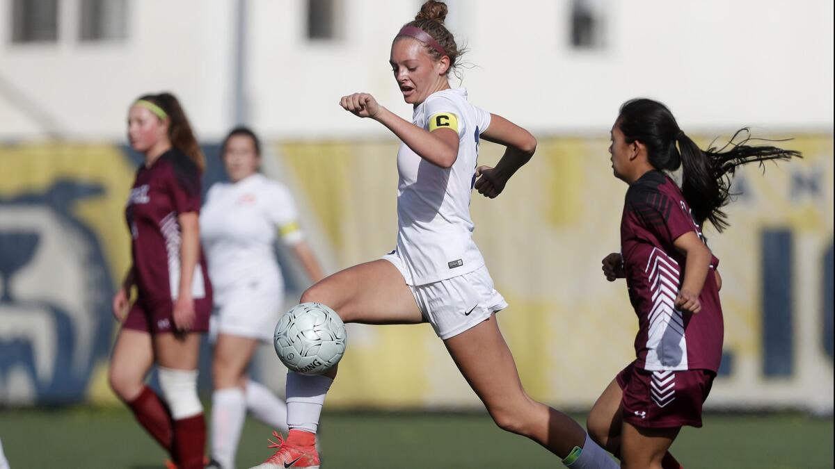 Pacifica Christian Orange County's Sadie Hill, center, shown competing against Alhambra Mark Keppel on Feb. 13, 2018, was a first-team All-San Joaquin League selection in girls' soccer.