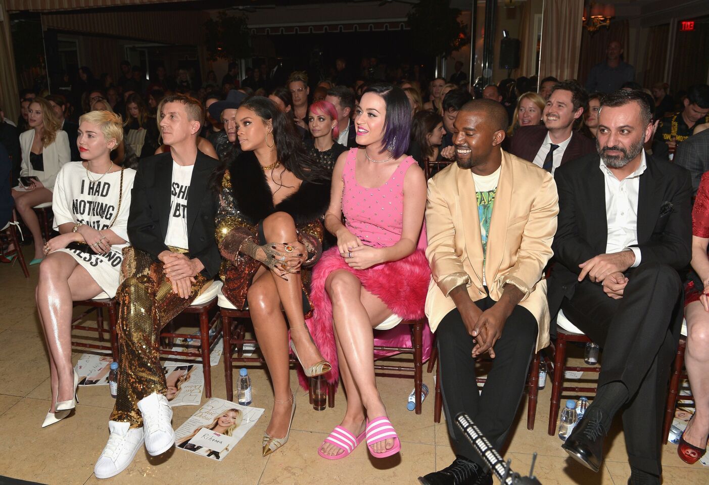 Miley Cyrus, left, Jeremy Scott, Rihanna, Katy Perry, Kanye West and honoree Mazdack Rassi at the Fashion Los Angeles Awards.