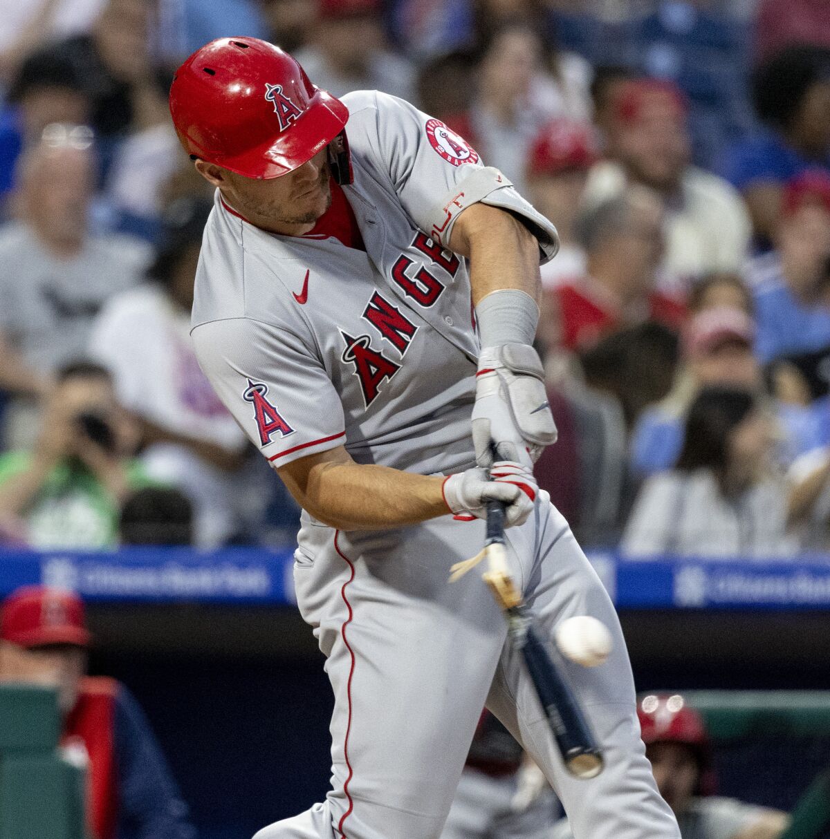 Mike Trout breaks his bat while grounding into a fielder's choice out in the third inning of the Angels' loss June 4, 2022.