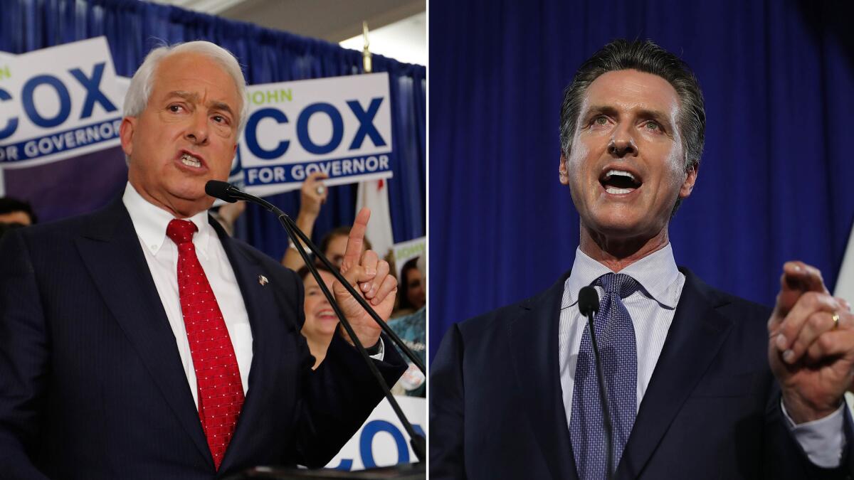 Republican gubernatorial candidate John Cox, left, addresses supporters at his primary election-night party in San Diego. At right, Democratic candidate Gavin Newsom speaks at his election-night gathering in San Francisco.