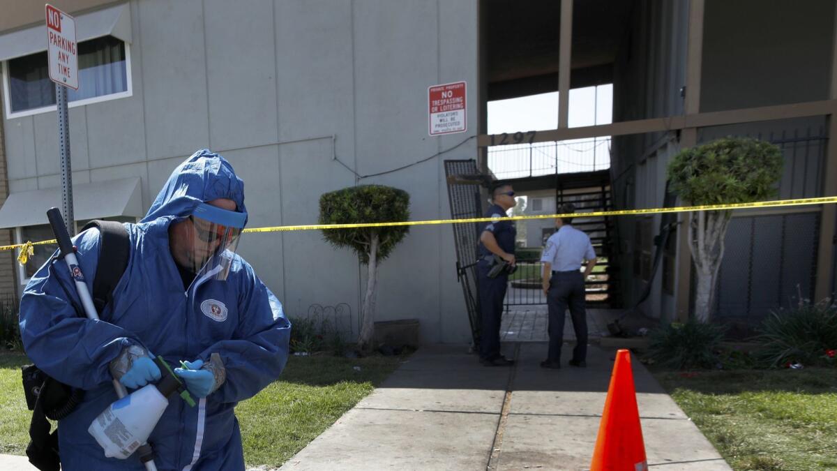 The crime scene is cleaned up after eight people where shot at apartment complex in San Bernardino.