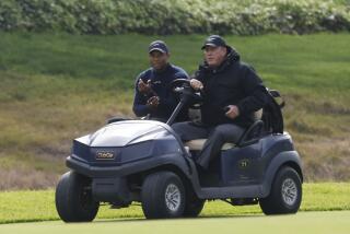 Pacific Palisade, CA - February 16: Tiger Woods is driven off the course after withdrawing.