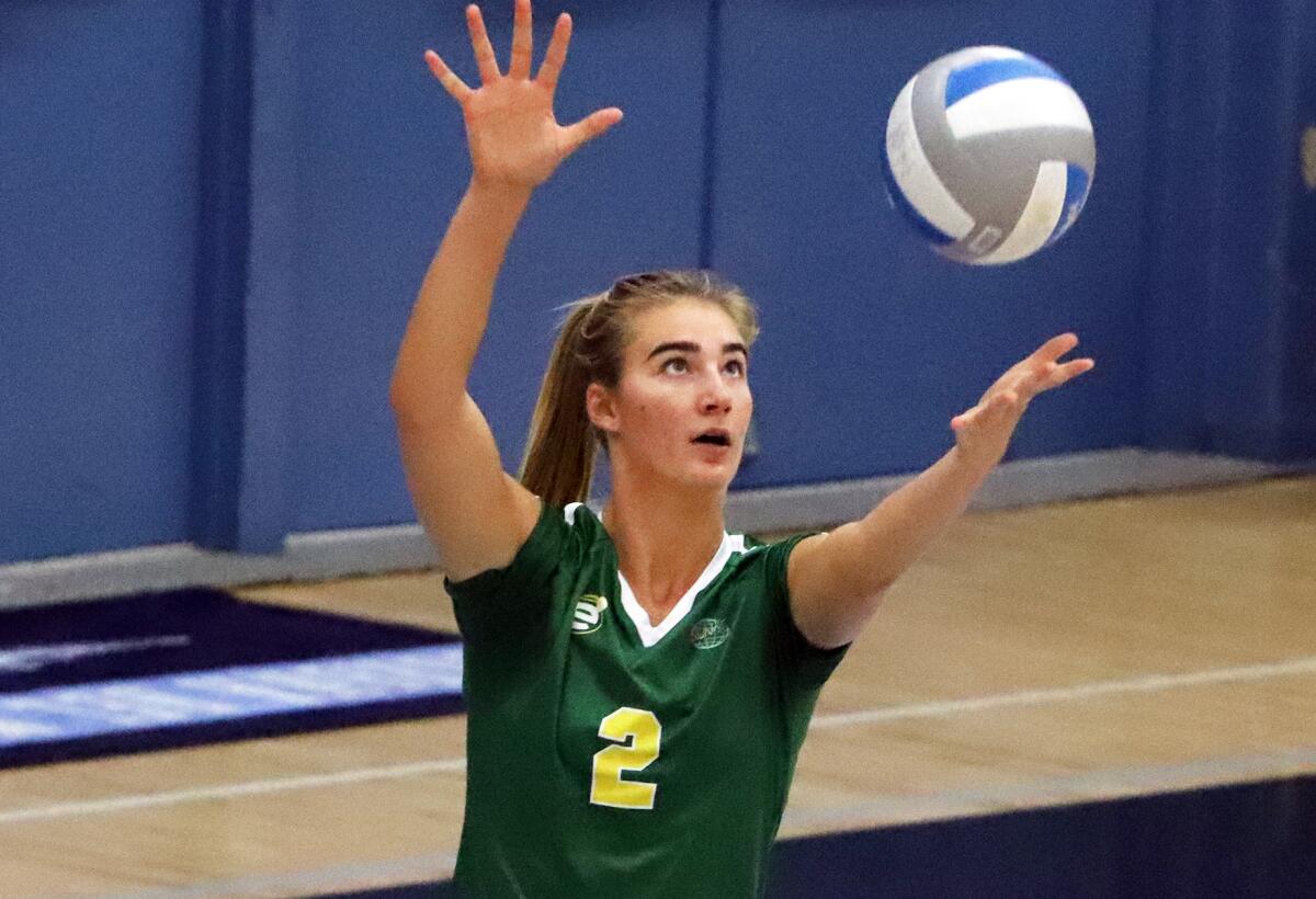 Corona del Mar's Summer Witherby (2) serves against Corona del Mar on Wednesday.