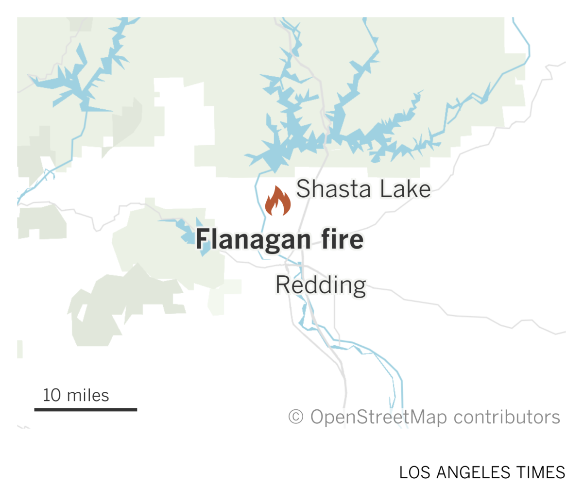 A map shows the location of the Flanagan fire near Shasta Lake and Redding
