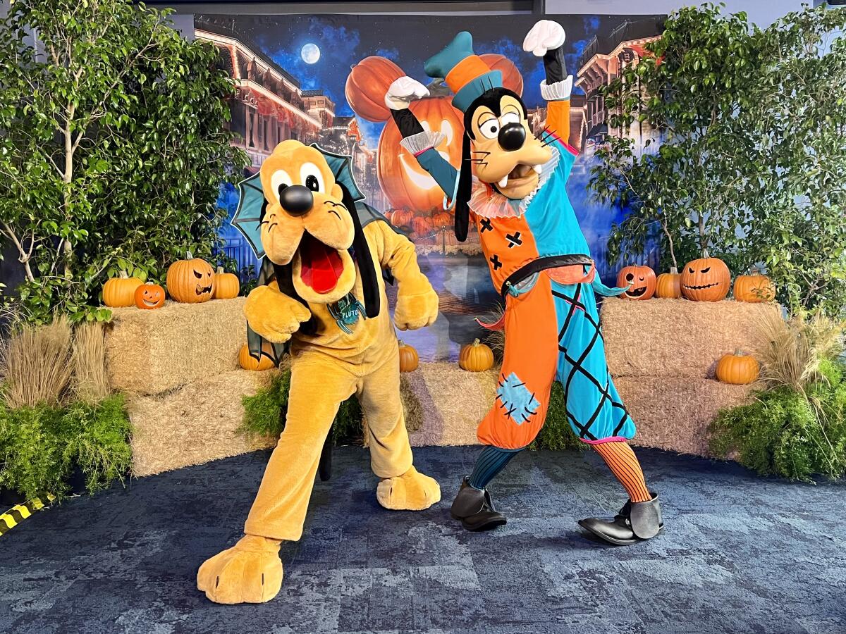 Pluto and Goofy wear Halloween costumes at Disneyland.