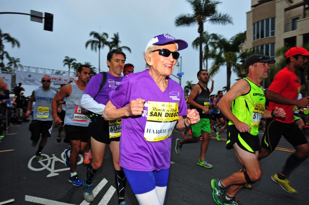 Harriette Thompson begins the 2015 Rock 'n' Roll Marathon in San Diego on Sunday morning.