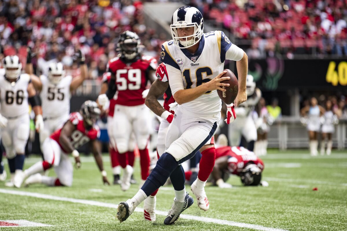 Quarterback Jared Goff scores a touchdown during the Rams' victory over the Falcons on Sunday.