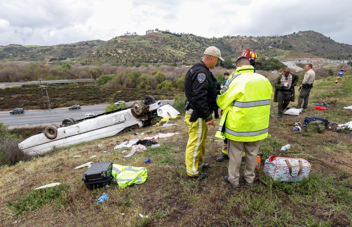 A bus rolled down an embankment off Interstate 15 in North County Saturday morning, killing three people and injuring 19 others. The crash occurred in the southbound lanes south of state Route 76 about 10:30 a.m., according to the North County Fire Protection District.