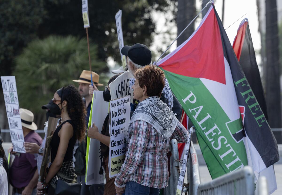 Protesters oppose a resolution at City Hall in Los Angeles.