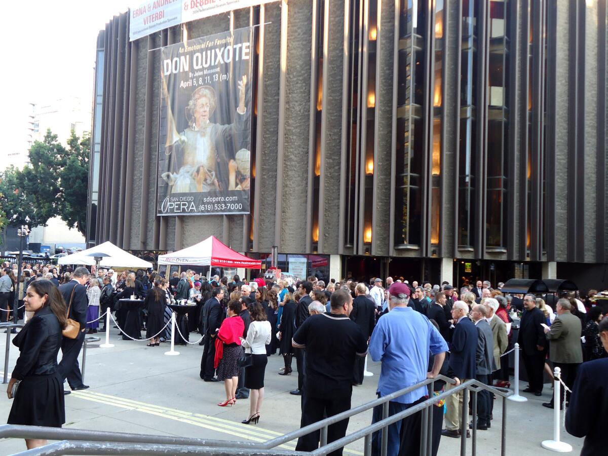 San Diego Opera patrons gather outside Civic Theatre before a performance of "Don Quixote" earlier this month. Crowdsourced fundraising is part of the recently downsized opera board's strategy for saving the financially troubled company.