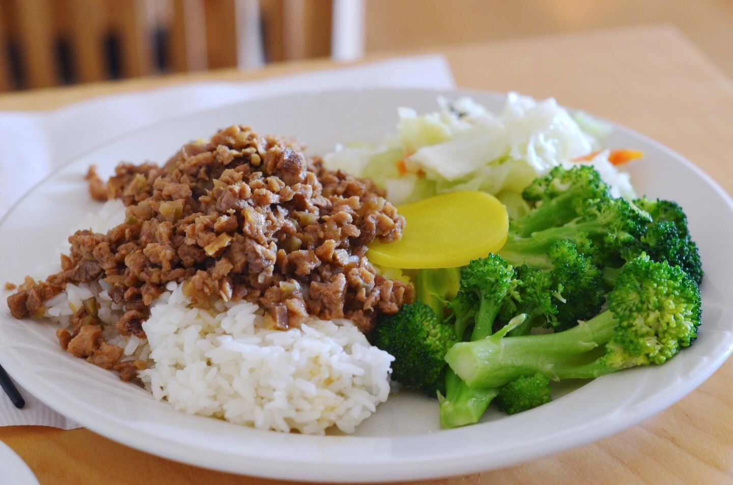 Minced "pork" over rice with steamed broccoli at Bean Sprouts.