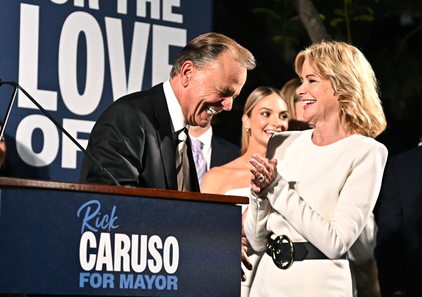 L.A. Mayoral candidate Rick Caruso and wife Tina share a laugh on election night at the Grove.