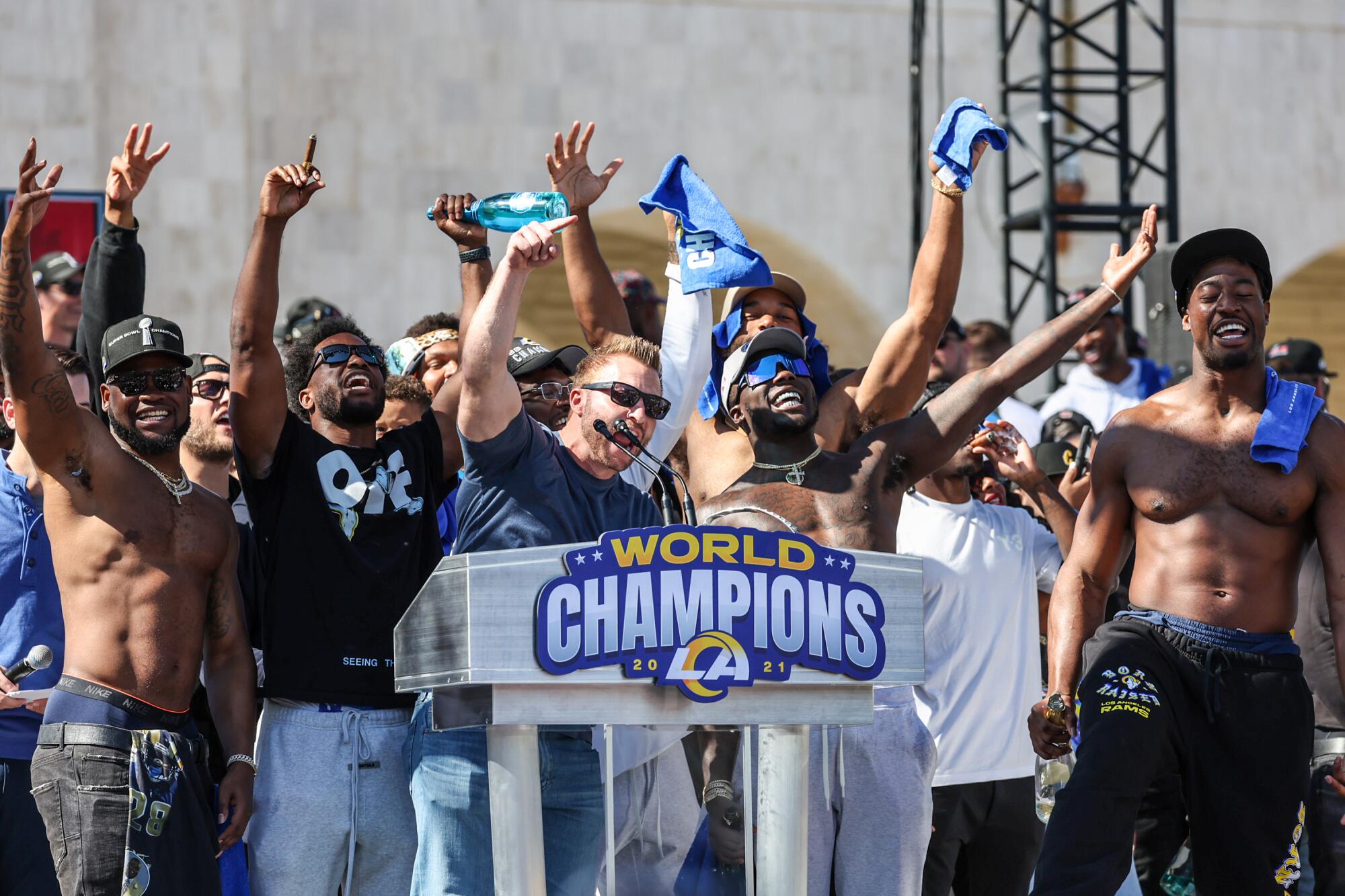 Coach Sean McVay leads cheers as the LA Rams celebrate their Super Bowl LVI win over the Cincinnati Bengals at LA Coliseum.