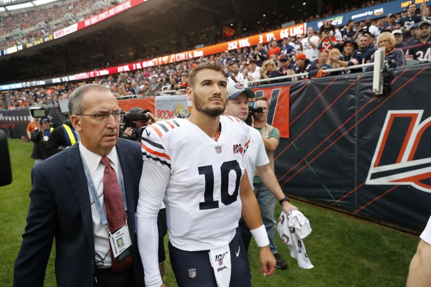 Chicago Bears quarterback Mitchell Trubisky walks to the locker room after being injured during the first half of Sunday's game against the Minnesota Vikings.