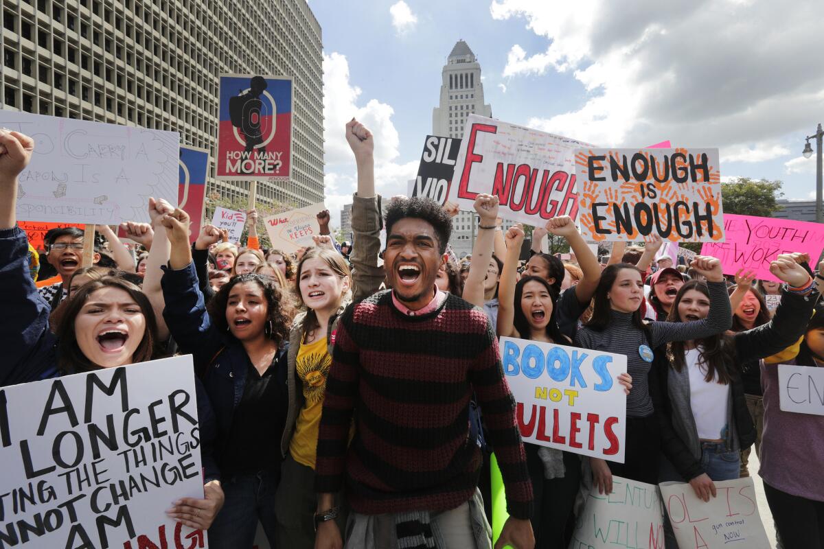 LOS ANGELES: Students and supporters take part in the March for Our Lives, held in solidarity with the larger march in Washington. D.C., organized by survivors of the February shooting at Marjory Stoneman Douglas High School in Parkland, Fla.