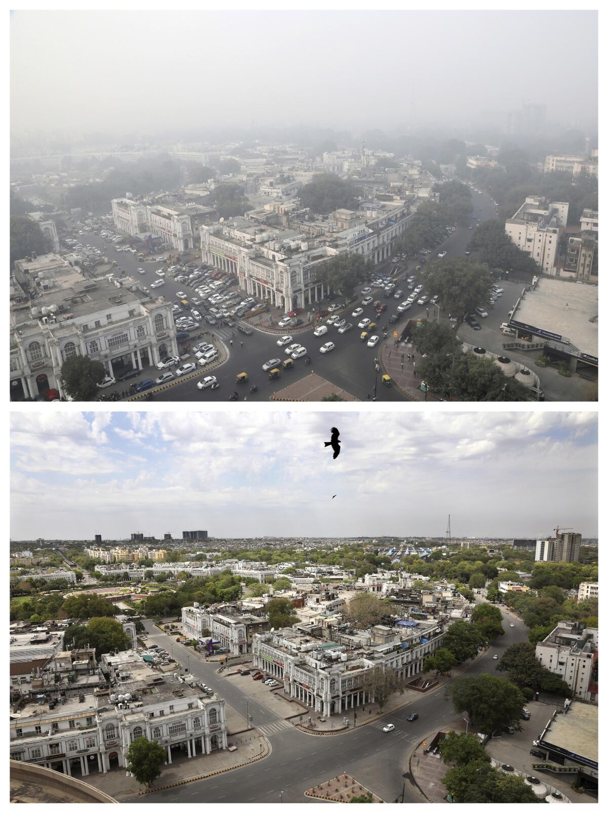New Delhi's skyline on Nov. 1, top, and on April 20. India's air quality improved drastically during a nationwide lockdown to curb the spread of the coronavirus.