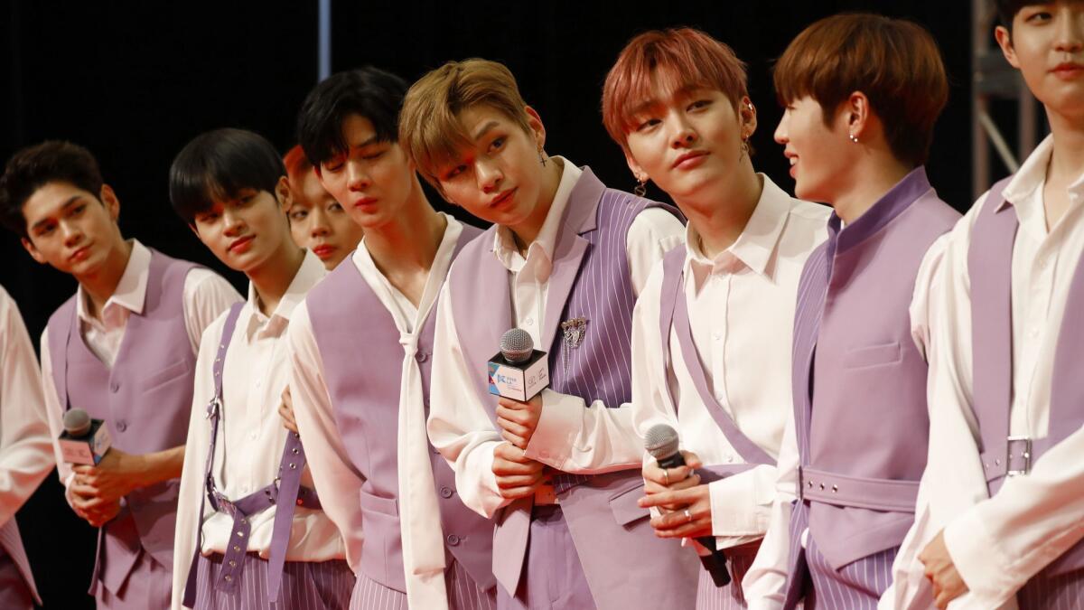 KPOP performers Wanna One on stage at KCON 2018 LA at the Los Angeles Convention Center on Aug. 11. (Francine Orr/ Los Angeles Times)