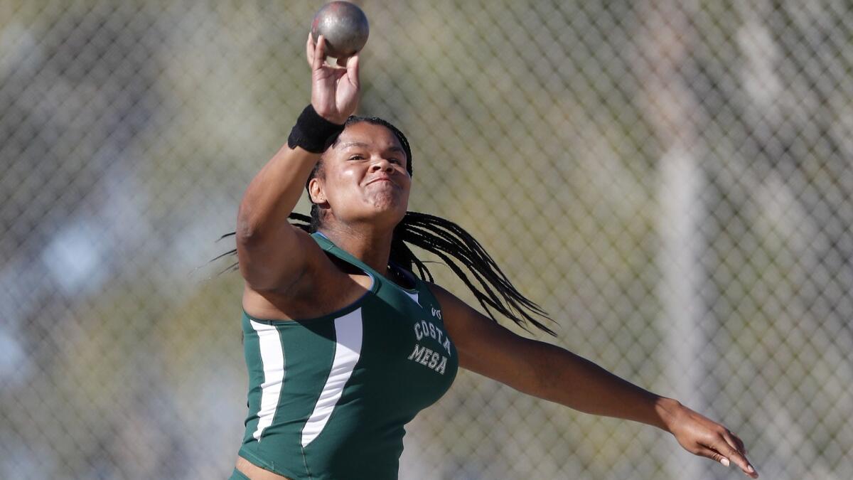 Costa Mesa High's Felicia Crenshaw, shown competing in the shotput at the Laguna Beach Trophy Invitational on March 17, is one of the area's top throwers this year.