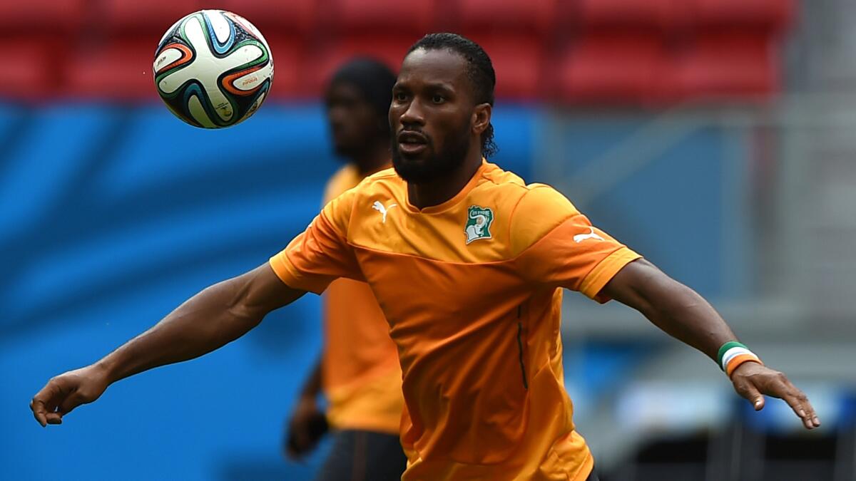 Ivory Coast forward Didier Drogba takes part in a training session in Brasilia, Brazil on Wednesday.