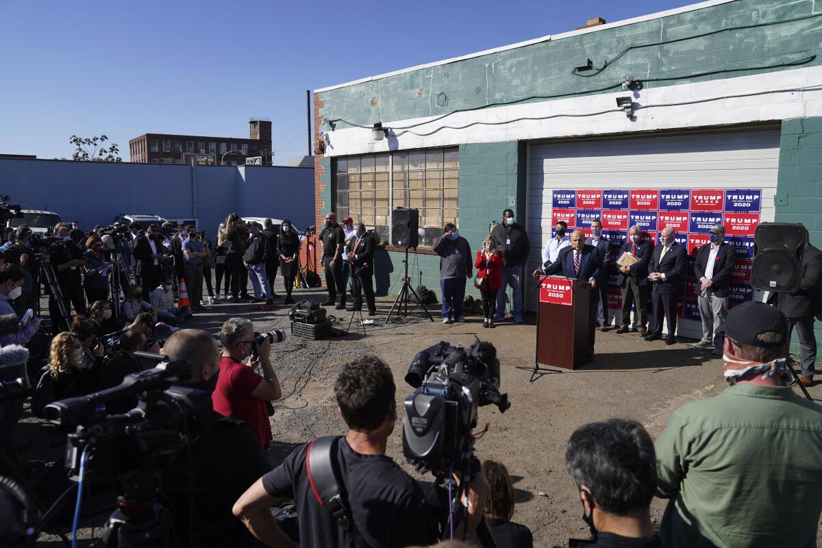 Rudy Giuliani speaks during a news conference in Philadelphia on legal challenges to vote counting in Pennsylvania on Nov. 7