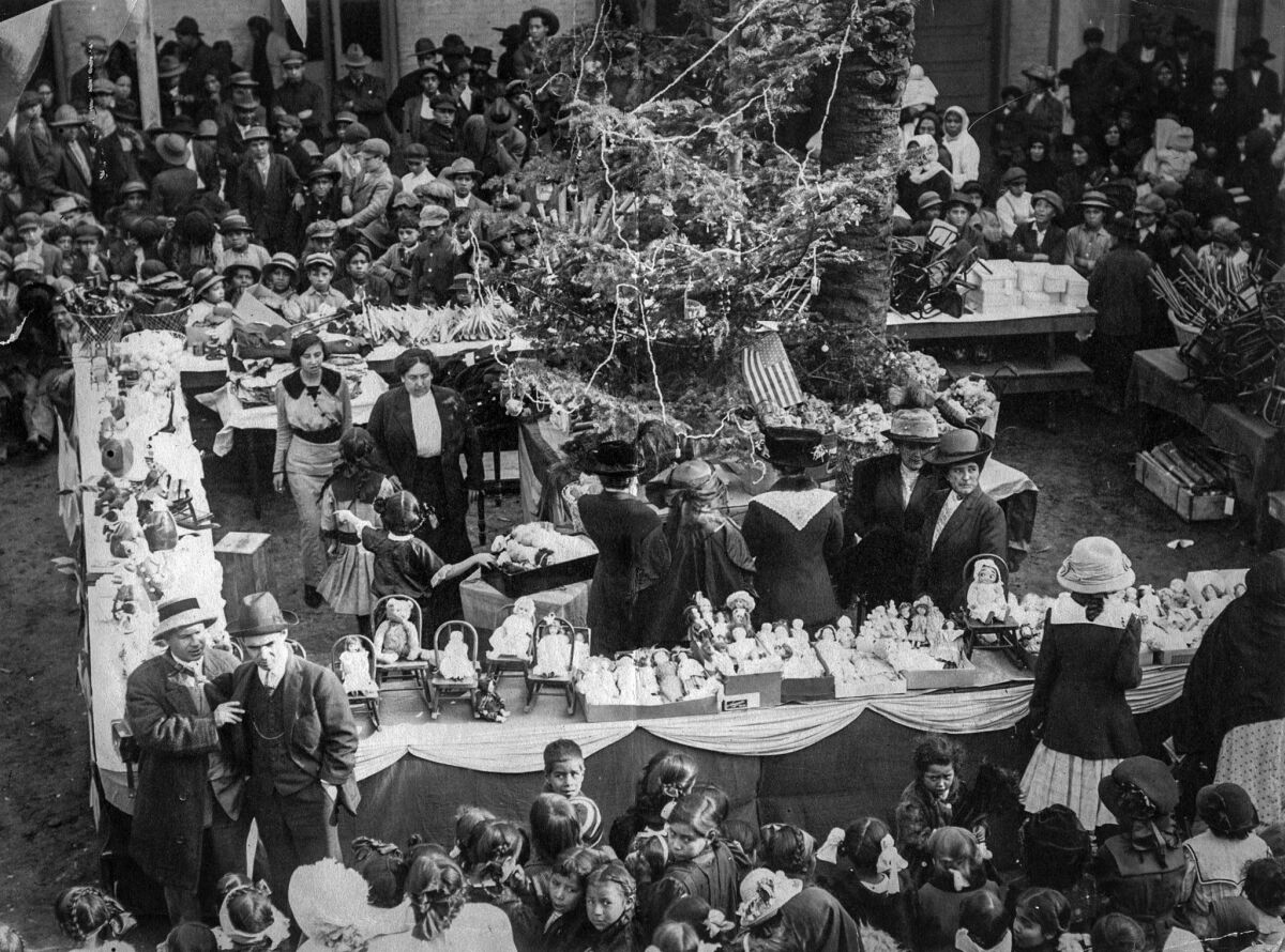 Jan. 3, 1914: Gifts for 2,000 Mexican American children are spread out at the rectory at Plaza Church in Los Angeles.