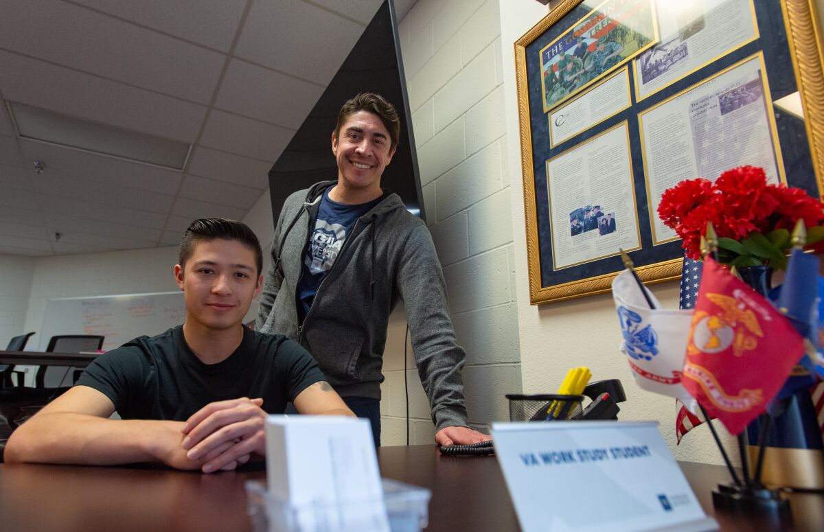Marine Corps veteran Manuel Melgoza and reservist Brandon Lustig at the Veterans Services Center.