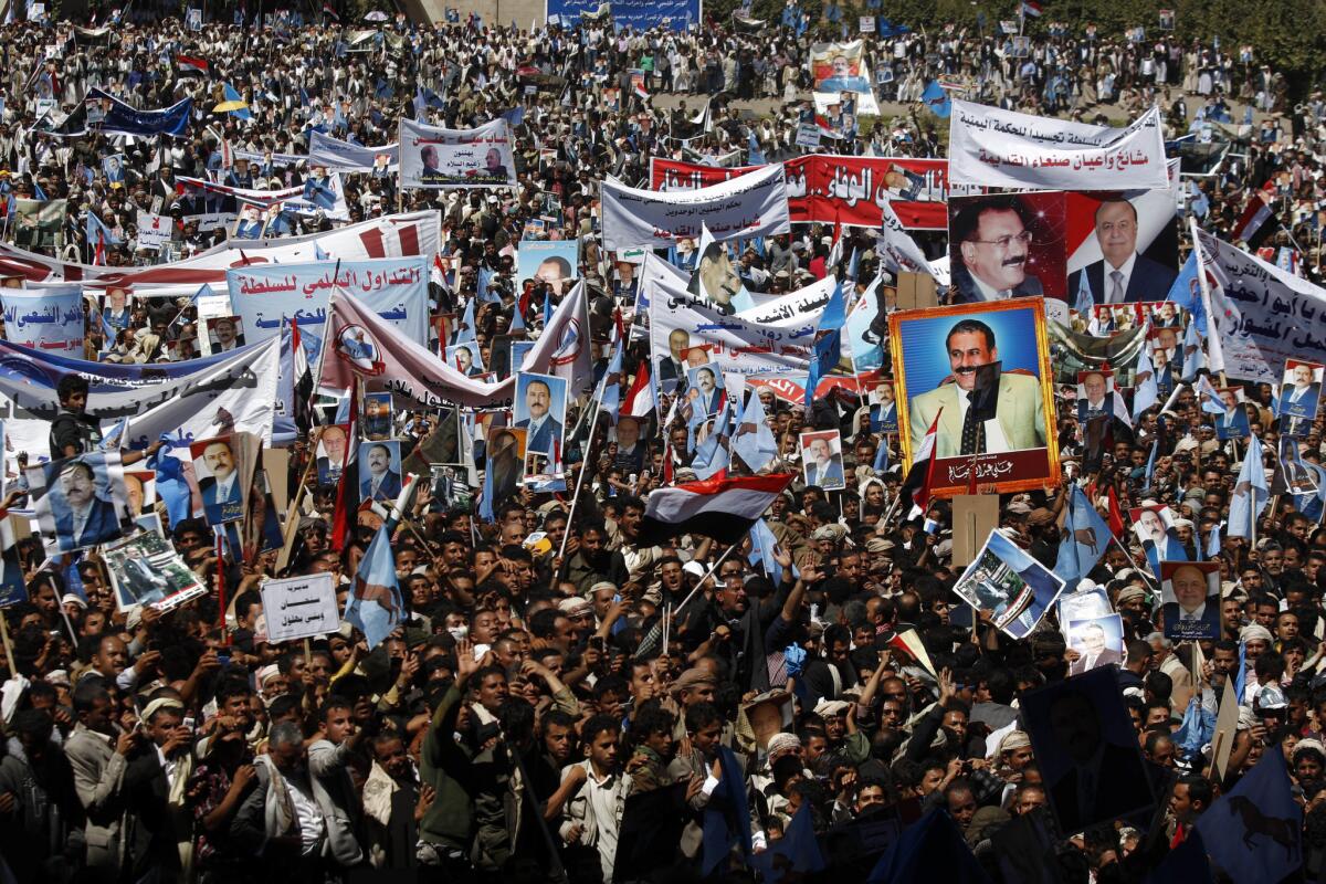 Supporters of Yemen's former President Ali Abdullah Saleh attend a rally Wednesday in Sana, Yemen.