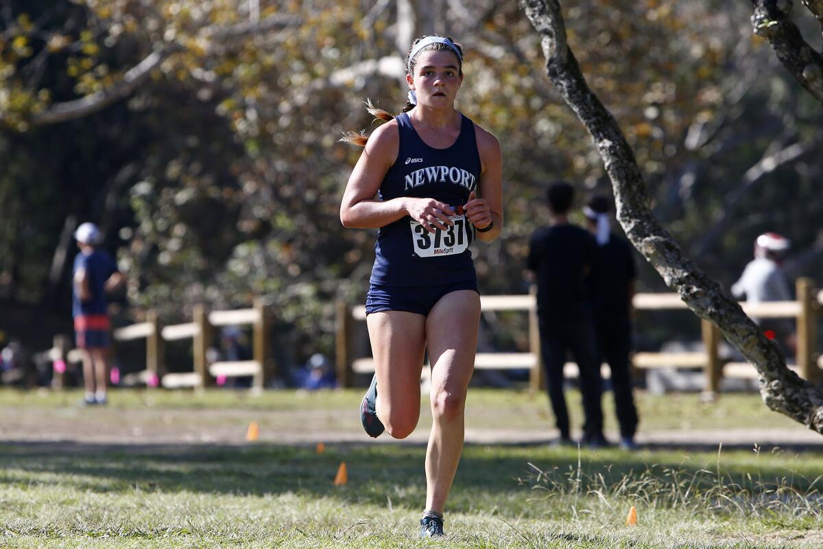 Newport Harbor's Marley McCullough competes in the Sunset Conference cross-country finals at Central Park on Saturday.