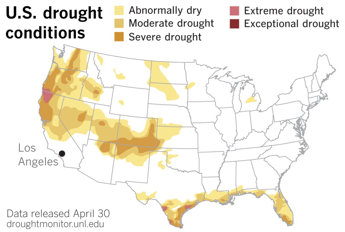 Drought conditions as they looked at the end of April illustrate the dramatic expansion of drought in the West.