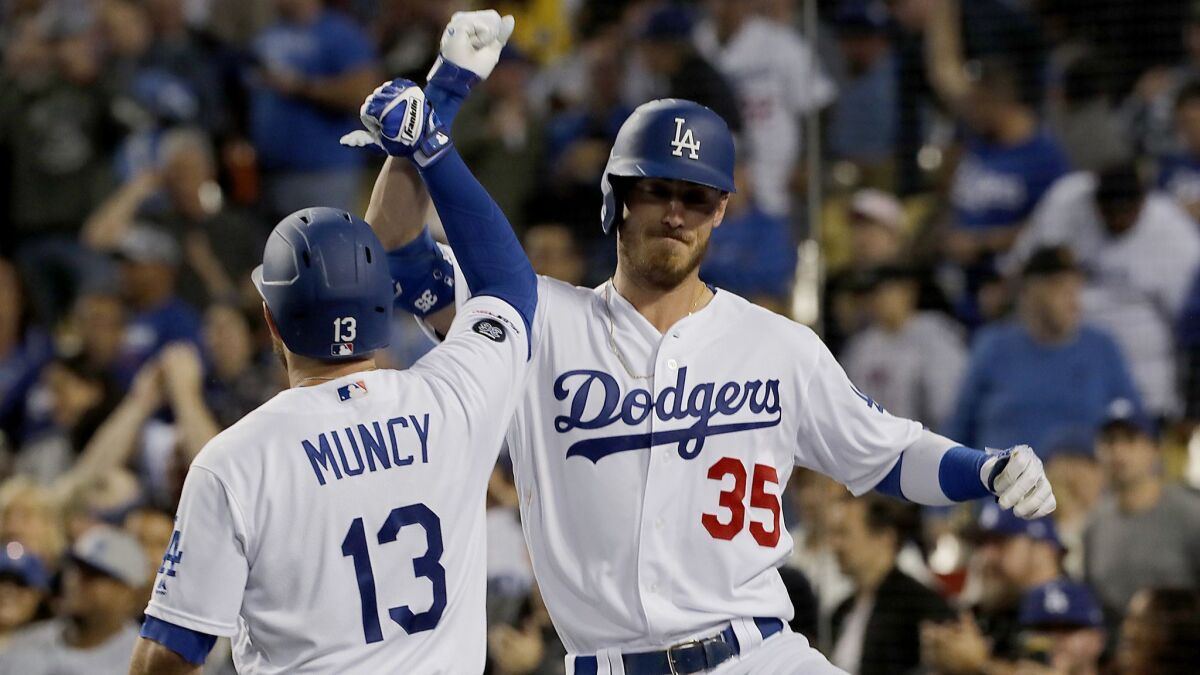 Dodgers right fielder Cody Bellinger is congratulated by teammate Max Muncy aftrer hitting a two-run homer against the New York Mets in the third inning on Tuesday at Dodger Stadium.