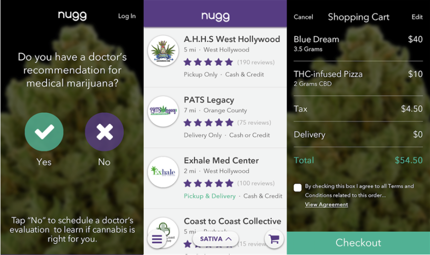From Nugg's website, users can search for nearby medical marijuana dispensaries, browse their offerings and request a pickup or delivery.
