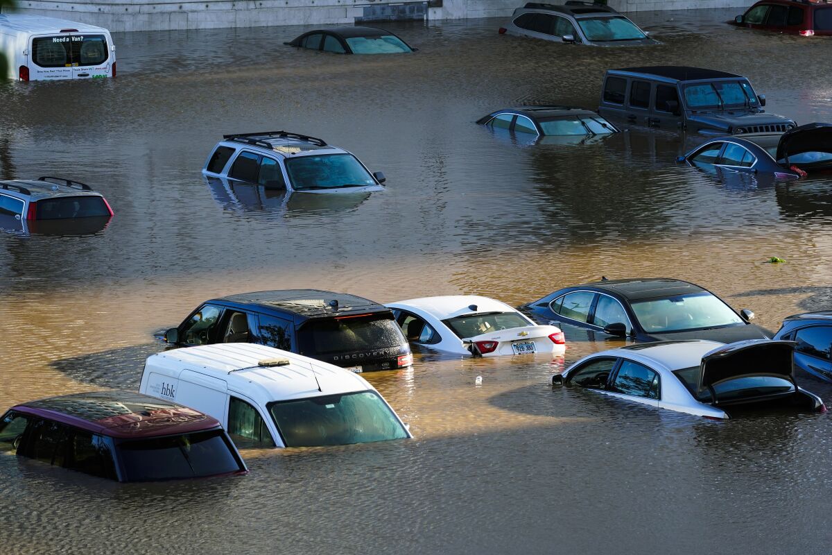Rows of cars sit in muddy water almost to their roofs.