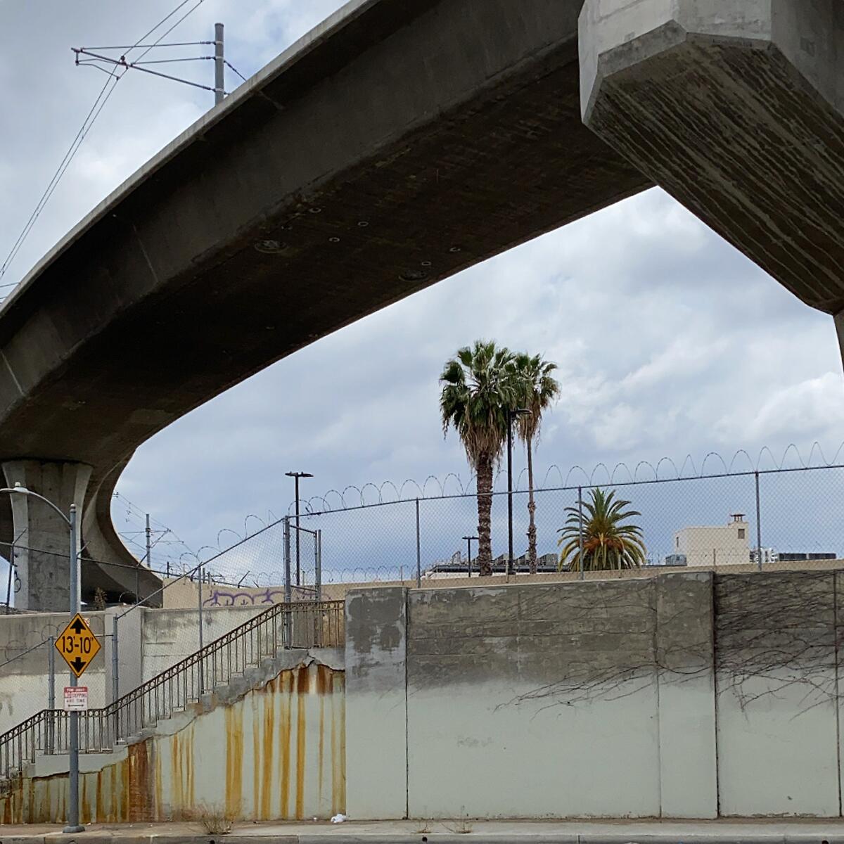 Palm trees rise above a concrete wall trimmed in barbed wire as a stretch of elevated roadway runs overhead