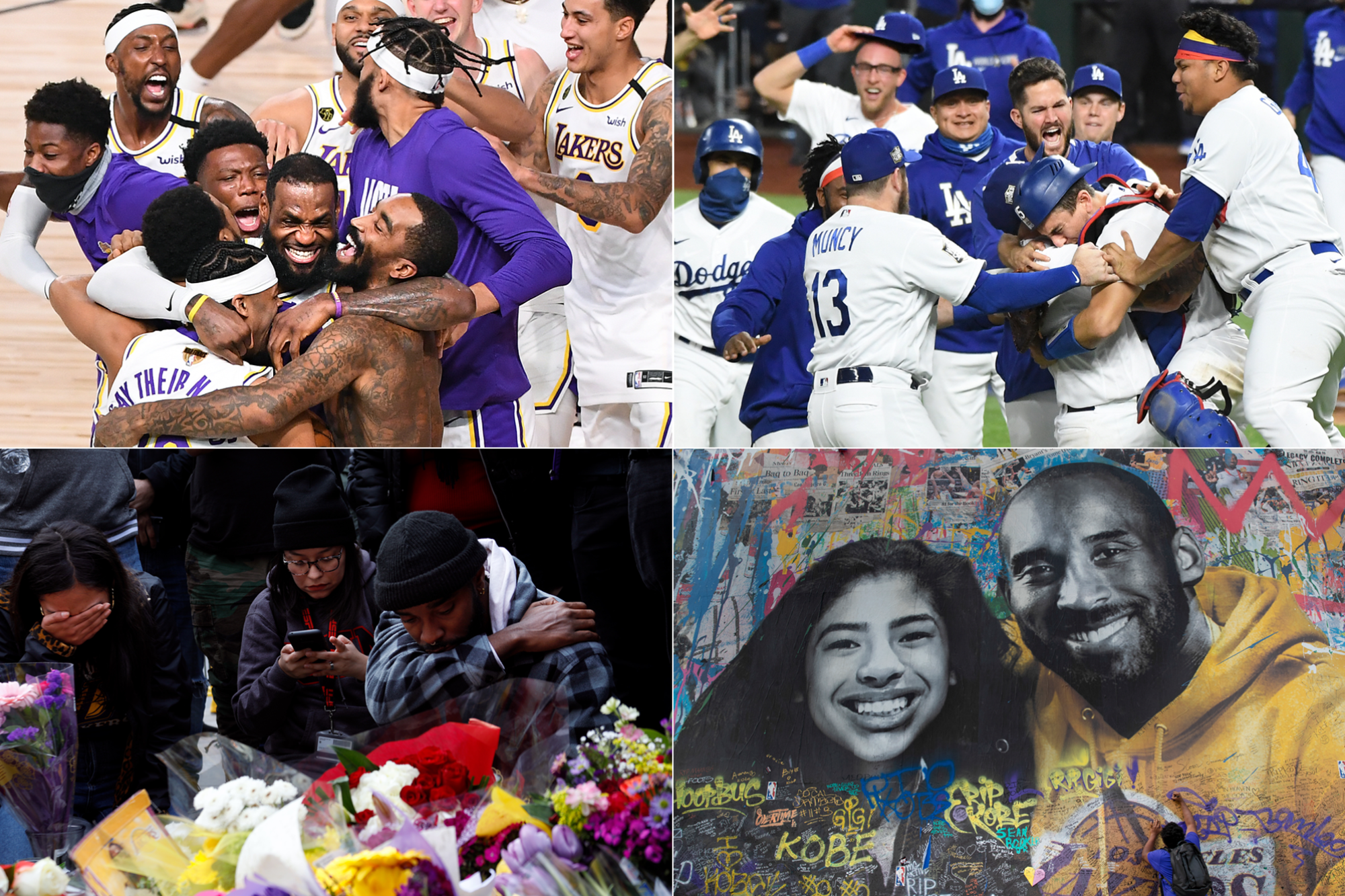 Images of the Lakers and Dodgers winning titles and fans mourning the death of Kobe Bryant.