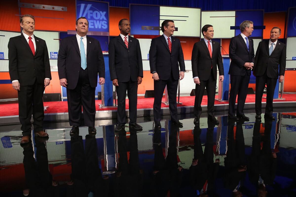 The Republican presidential candidates, minus Donald Trump, gather in Des Moines for Thursday night's debate.
