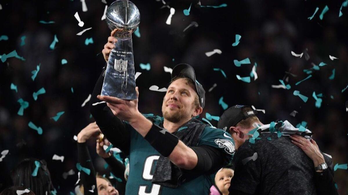 Philadelphia Eagles quarterback Nick Foles celebrates in February after leading his team to victory in Super Bowl LII against the New England Patriots.