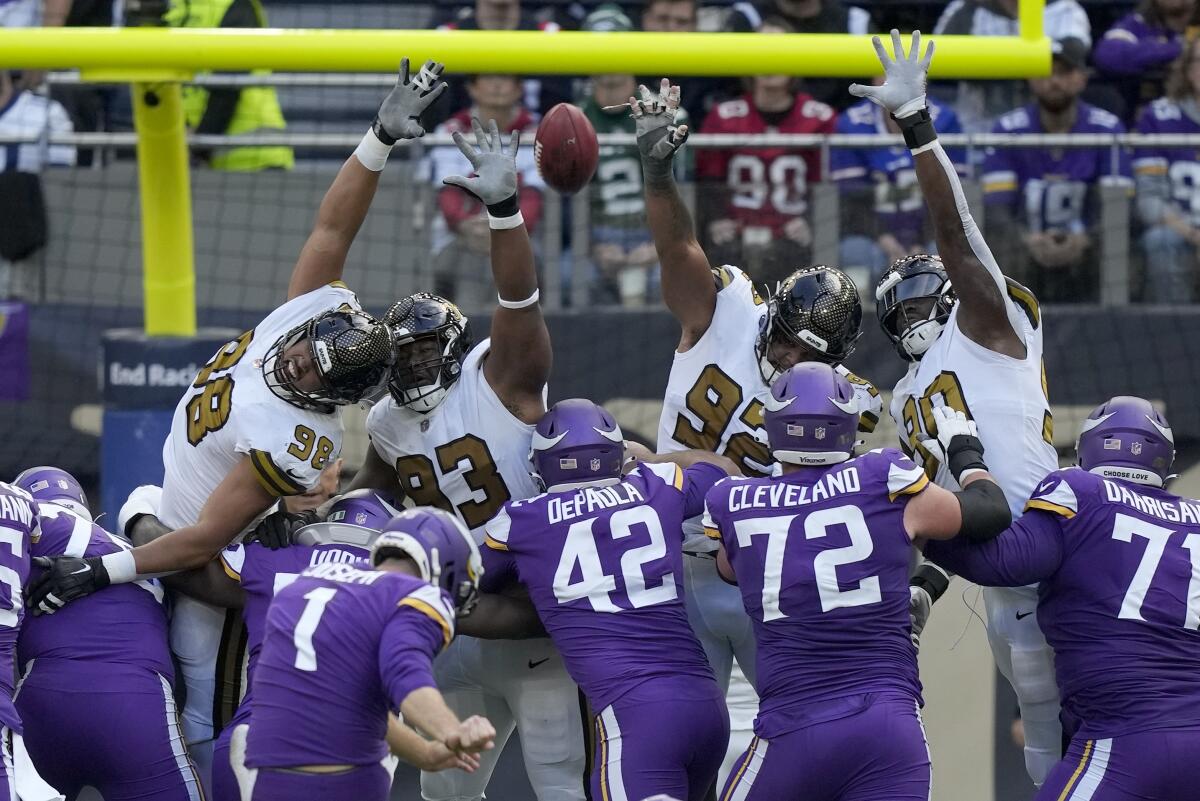 Minnesota Vikings kicker Greg Joseph converts on a field-goal attempt against the New Orleans Saints.