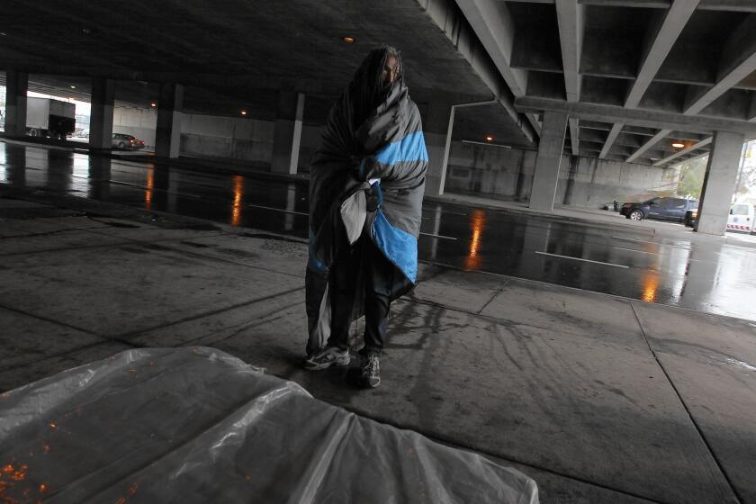 A homeless man who declined to be identified shelters beneath the 405 Freeway along Venice Boulevard this week.
