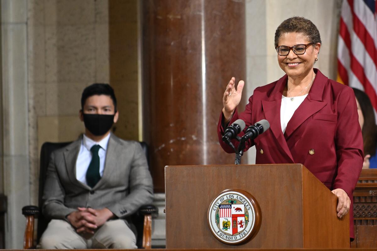 Los Angeles Mayor Karen Bass delivers her state of the city address