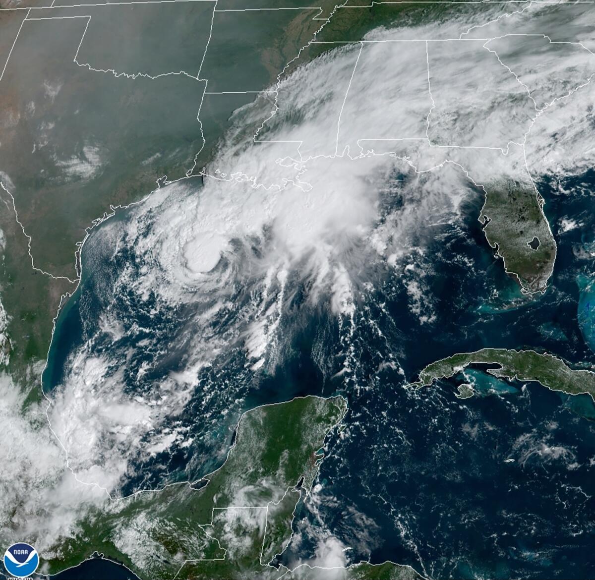 A satellite image shows Tropical Storm Beta  in the Gulf of Mexico. 
