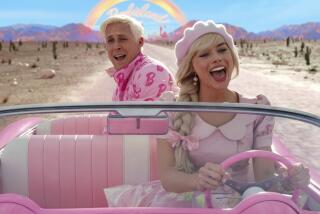 Ryan Gosling and Margot Robbie dressed in all pink and singing while driving down a dirt road in a pink convertible.
