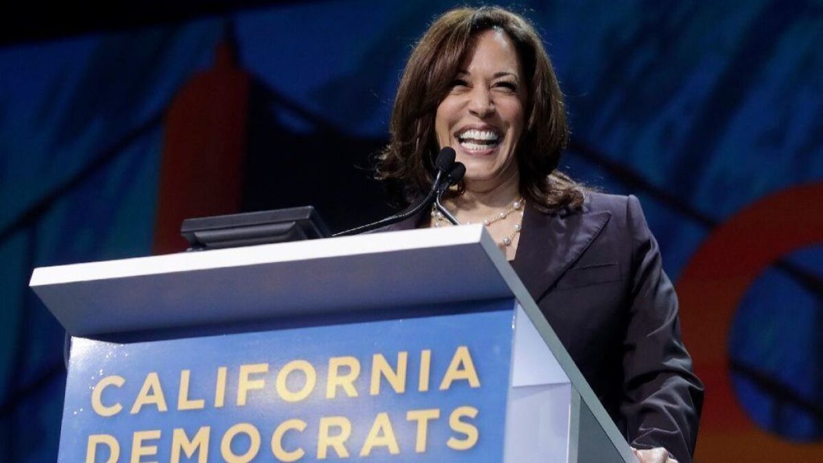 Presidential candidate Sen. Kamala Harris speaks during the 2019 California Democratic Party State Organizing Convention in San Francisco on June 1.