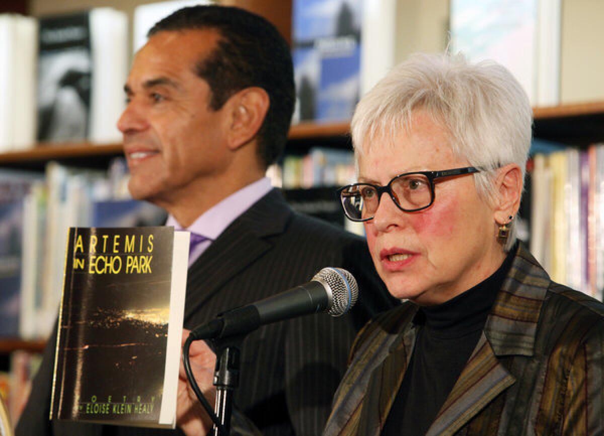 Eloise Klein Healy accepts the role of Los Angeles' first poet laureate. Mayor Antonio Villaraigosa introduced her.