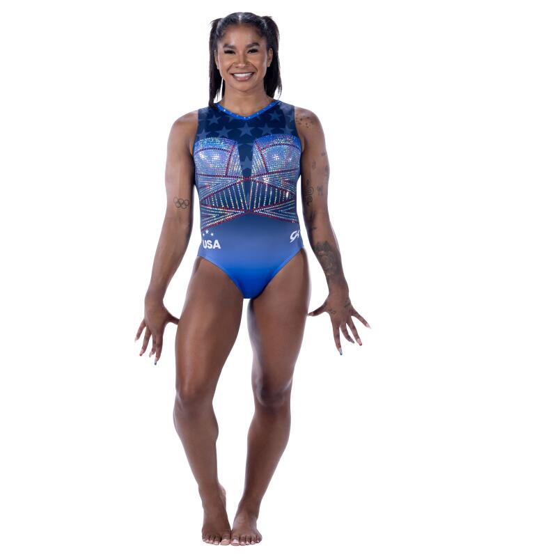 Simone Biles, Suni Lee and Jordan Chiles show off some of the U.S. team's leotards for the Paris Olympics.