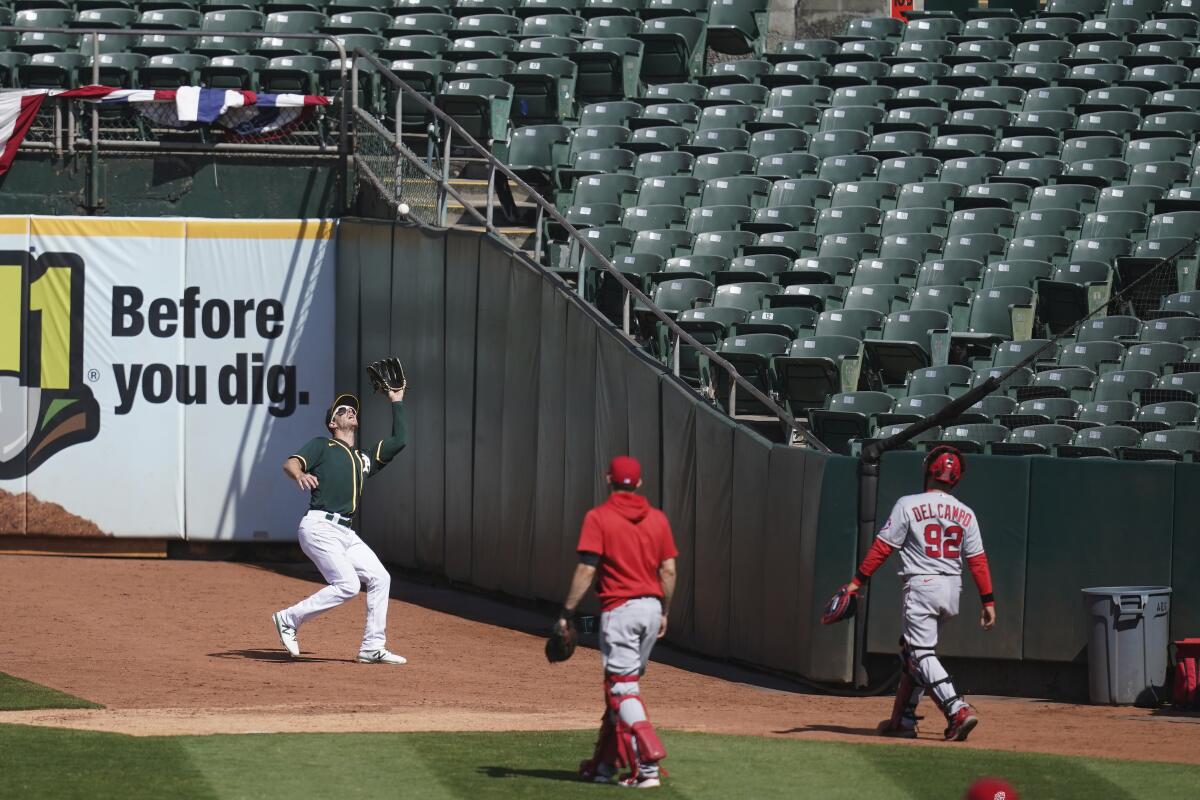 Athletics right fielder Mark Canha catches Taylor Ward's foul out behind the Angels' bullpen Sunday in Oakland.